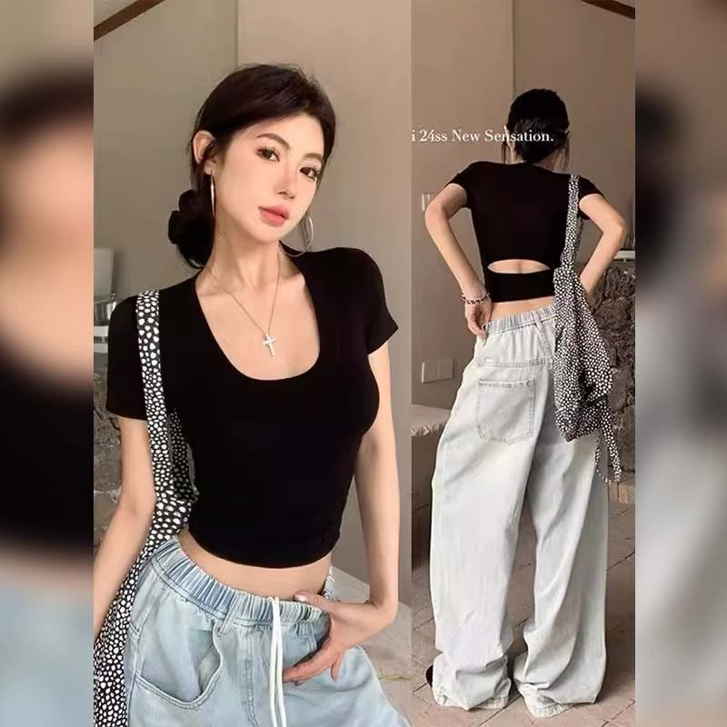 2025夏季新款女士黑色U领紧身露腰短袖T恤设计感后背镂空低领上衣
