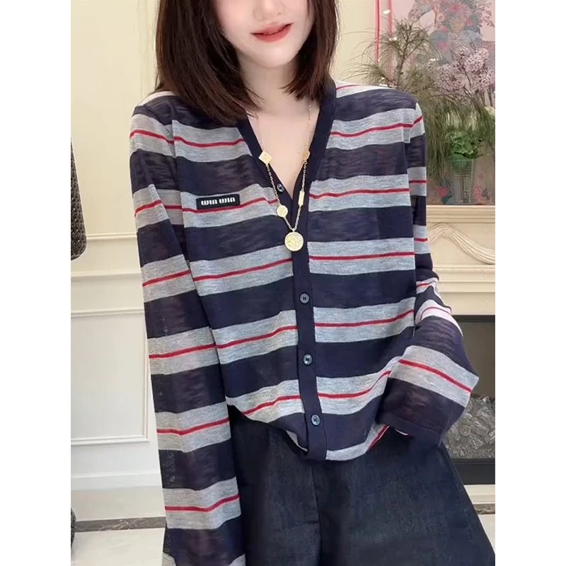 韩版时尚百搭条纹长袖T恤衫女夏2025新款小个子巨好看设计感上衣