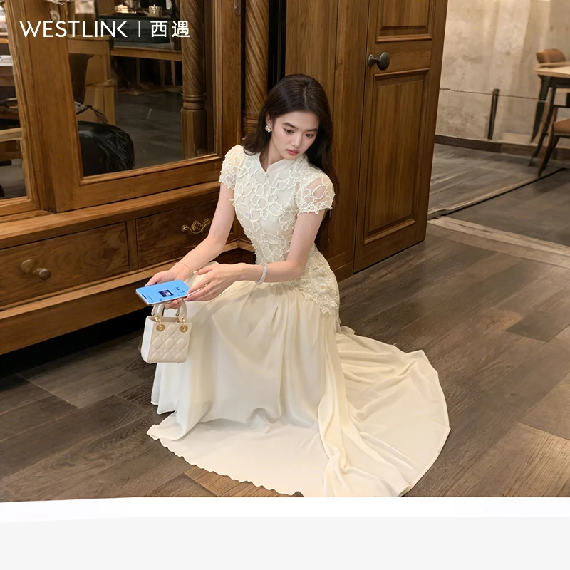 西遇拼接网纱连衣裙女2025年夏季新款收腰刺绣新中式改良旗袍裙
