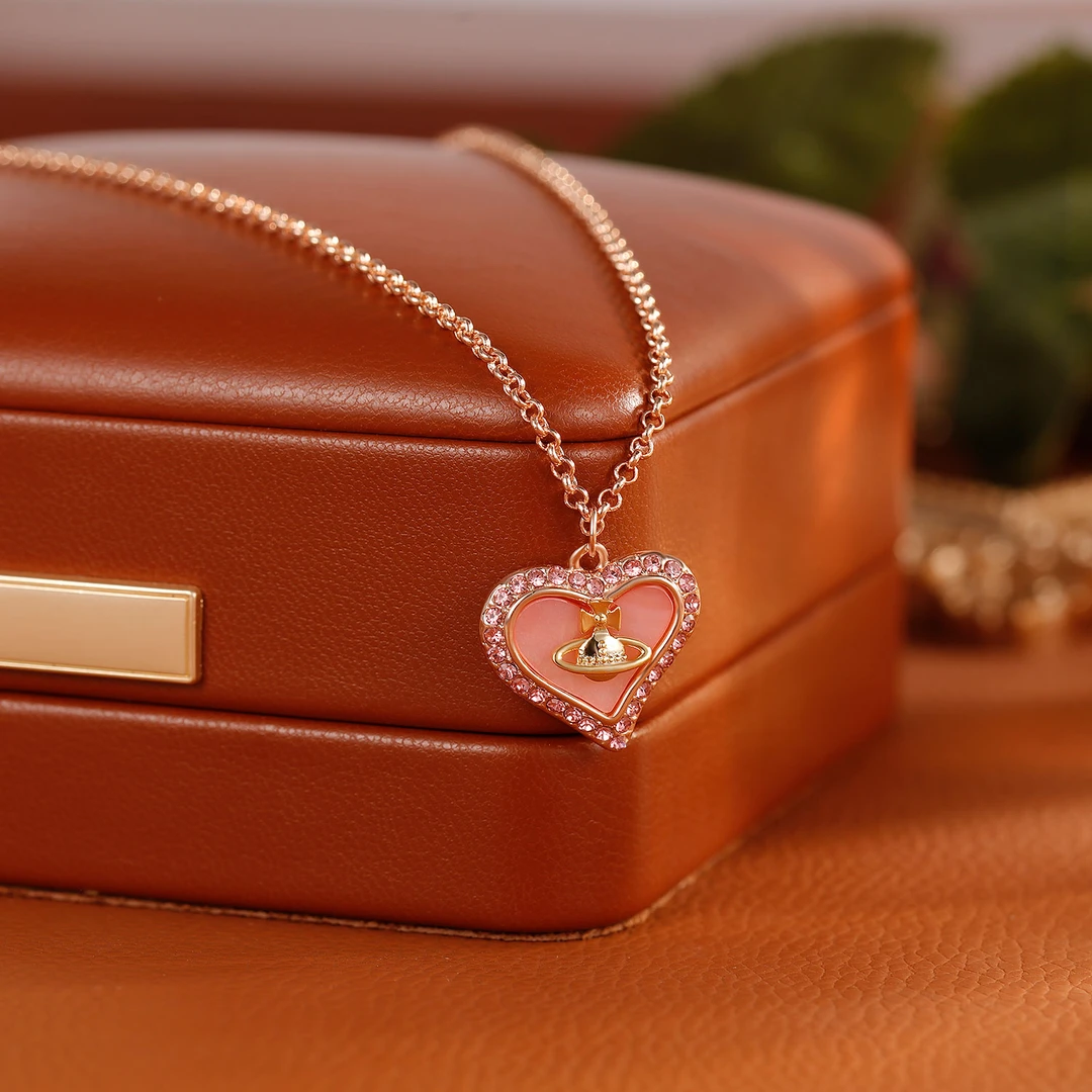 合金项链 【5555】轻奢镶钻粉色爱心母贝玫瑰金项链女气质锁骨链