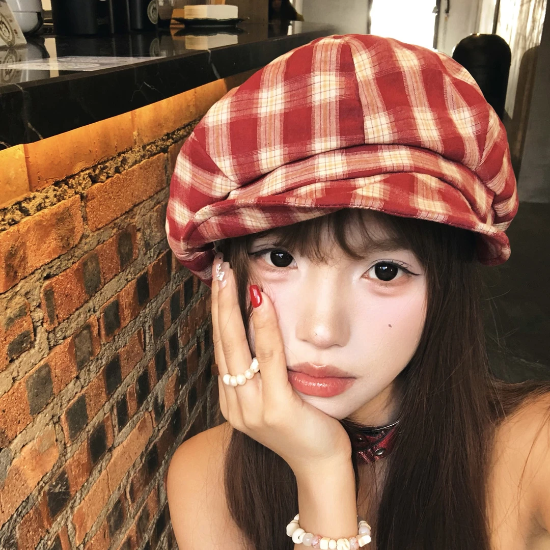 新款复古格子贝雷帽女夏季学院风画家帽大头围显脸小云朵八角帽子