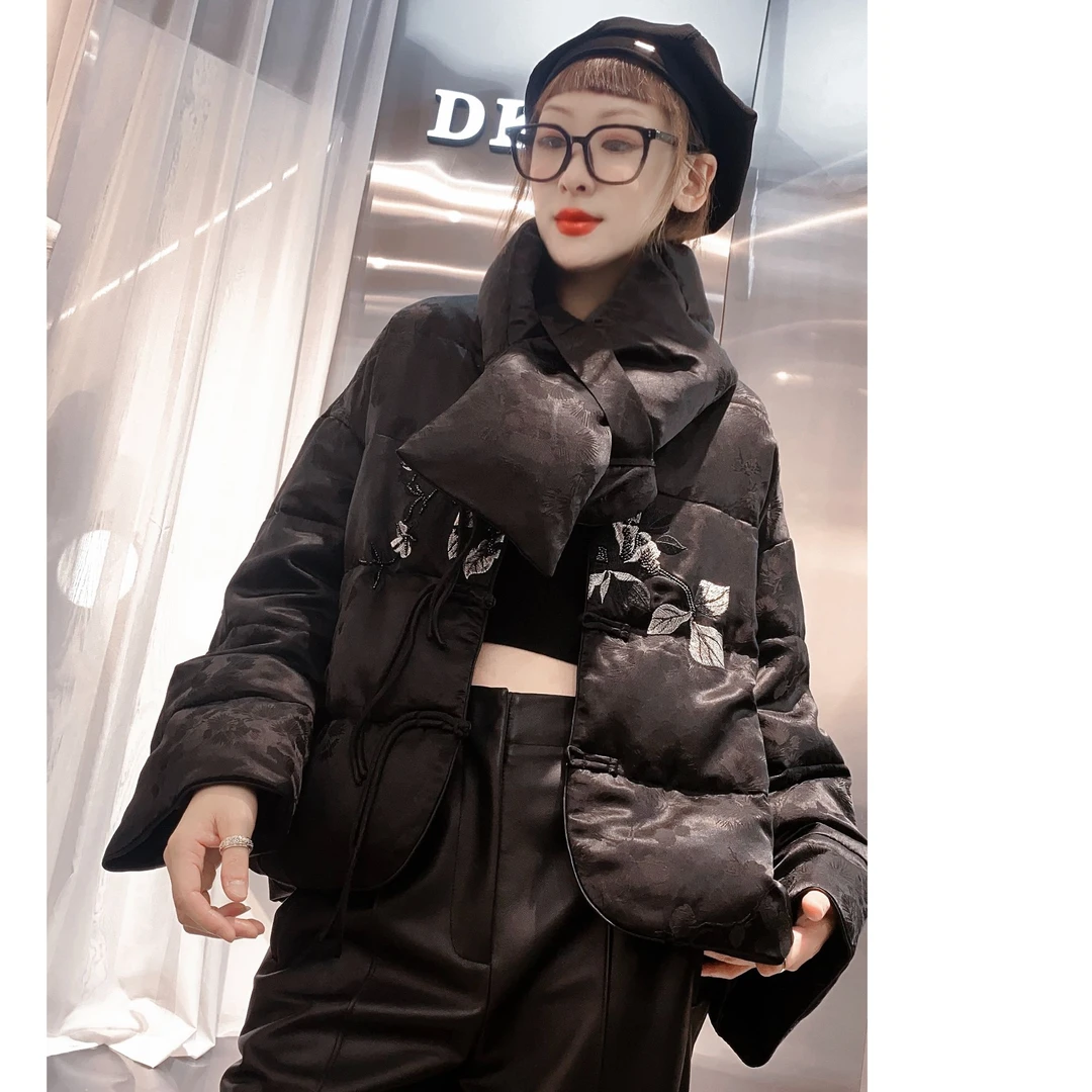86281加绒加厚款立领羽绒服拼接加厚网红女装女士韩版毛领黑色