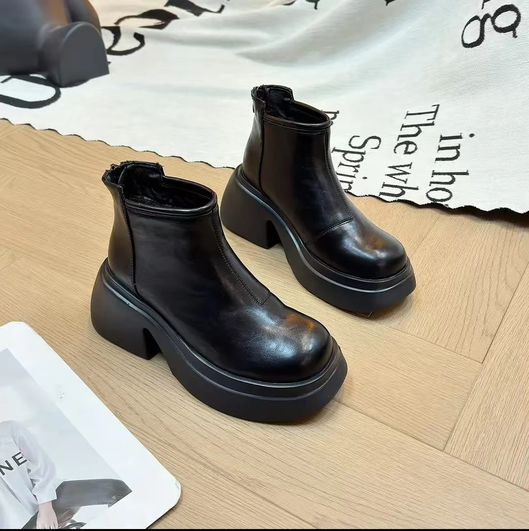 2025秋冬新款复古英伦风 厚底增高百搭新款粗跟真皮马丁靴1206