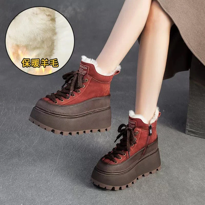 2025款厚底防滑雪地靴系带马丁靴女真皮短靴加厚保暖雪地靴女棉靴