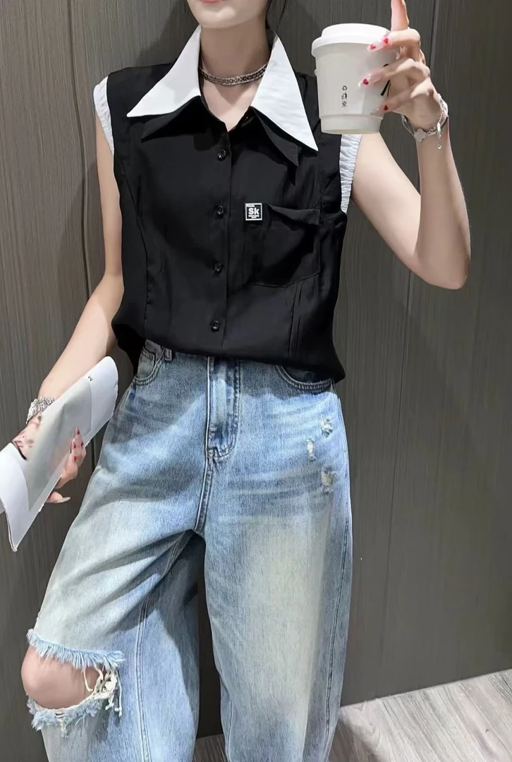 夏季设计感假两件领拼接无袖时尚休闲百搭衬衫