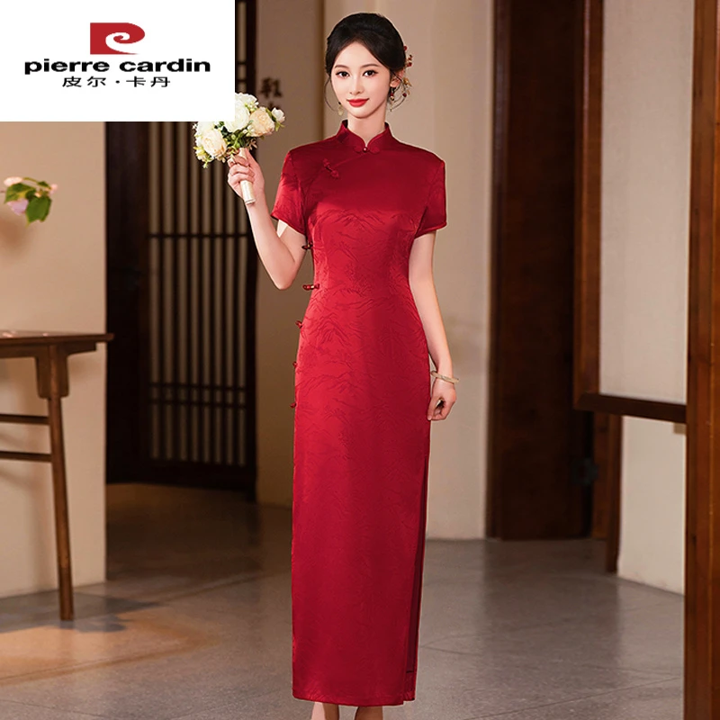 皮尔卡丹夏季喜婆婆婚宴装新款长款酒红旗袍高考送考年轻妈妈礼服