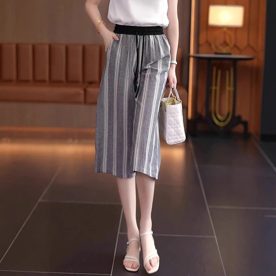 夏日轻薄夏季裤子女士2025新款小个子条纹裤高腰慵懒风宽松阔腿裤
