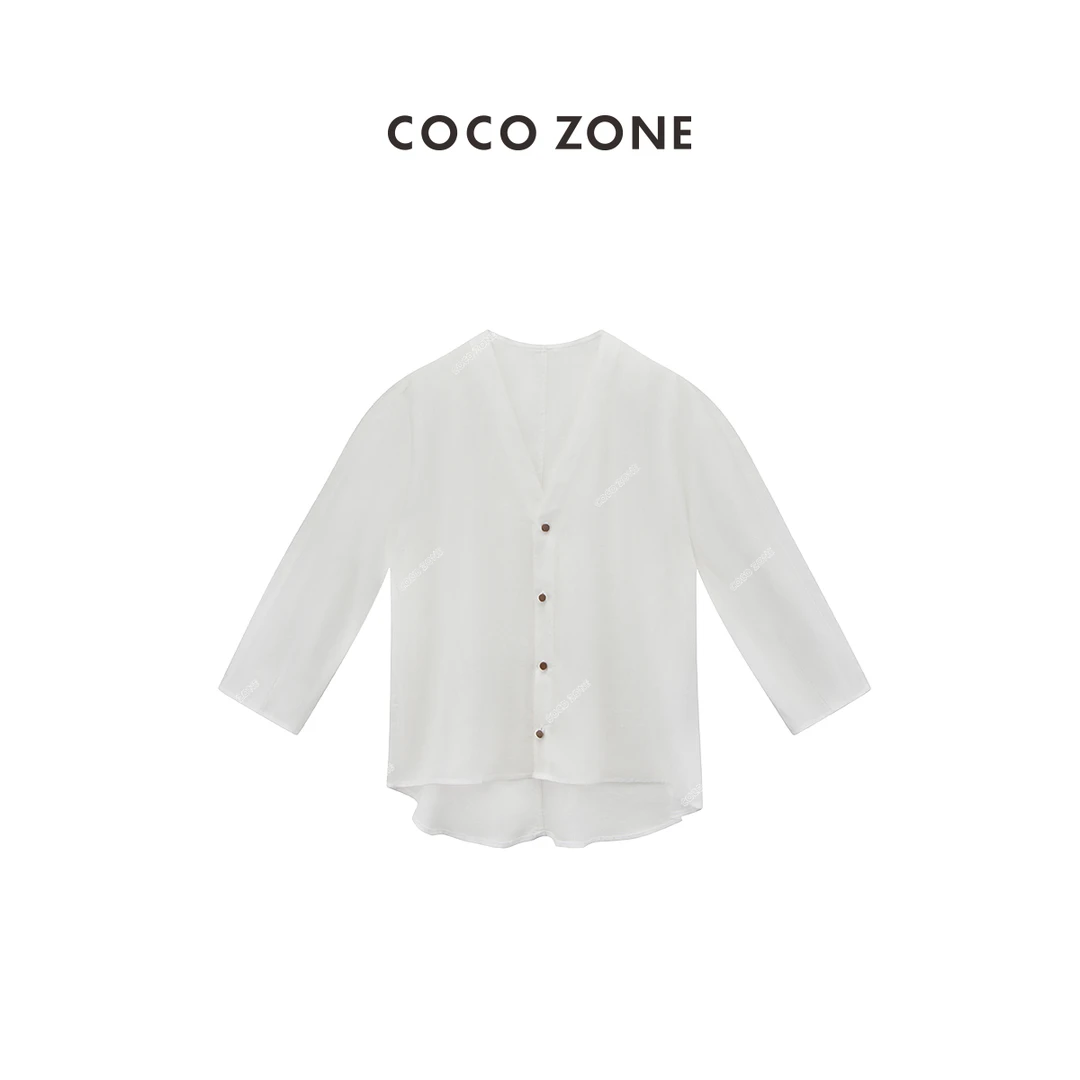 COCO ZONE 刘一一"夏日白月光"100亚麻轻薄V领排扣衬衫 CC1B0991