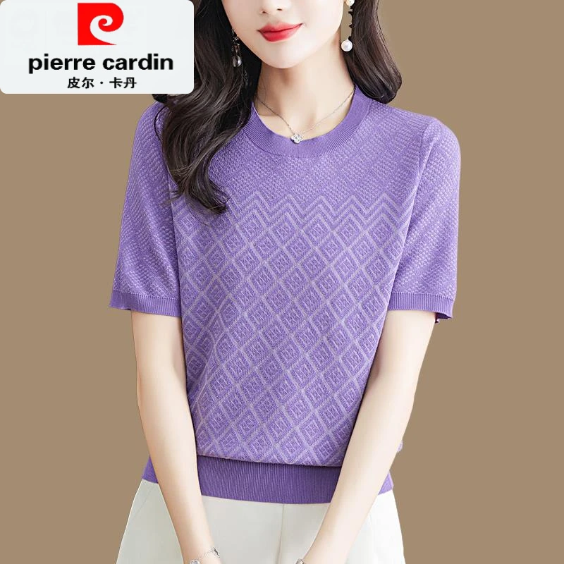 皮尔卡丹冰丝短袖针织衫女夏薄款圆领洋气短款恤菱形格子提花
