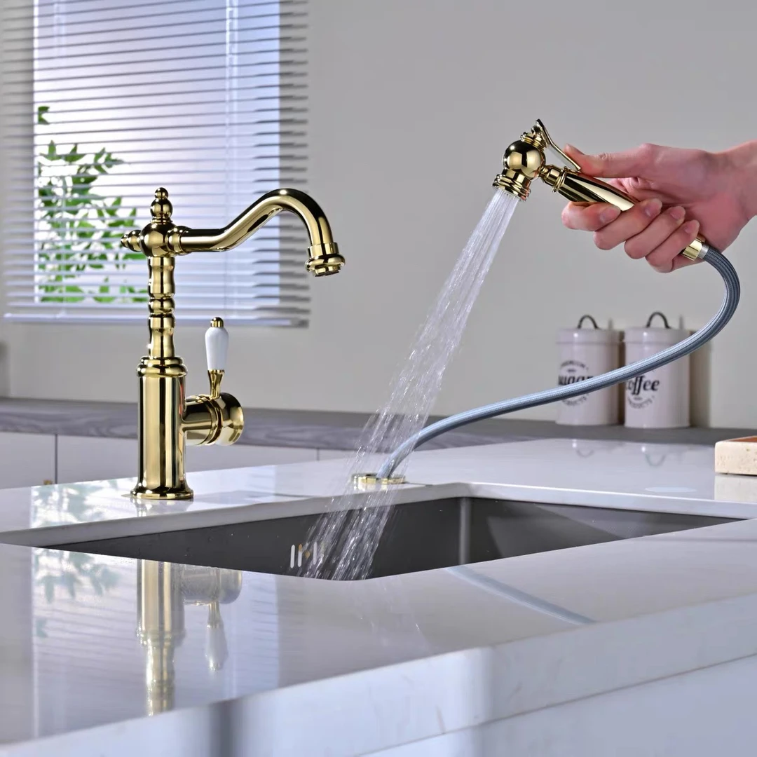 法式复古全铜面盆洗手盆冷热水龙头金色把手家用