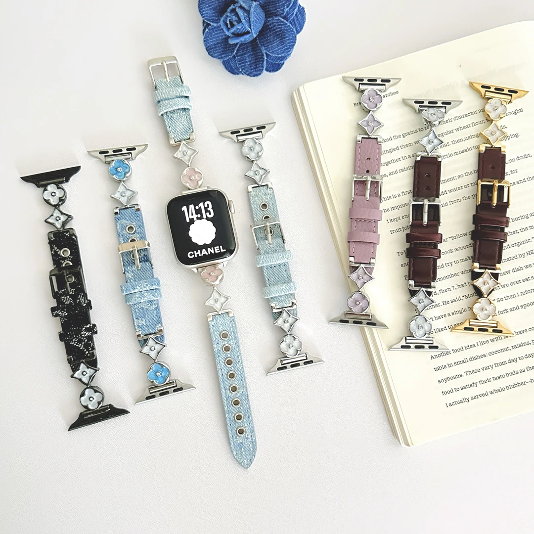 适用小米手环10四叶草拼牛仔真皮表带苹果手表iwatch11红米6表带