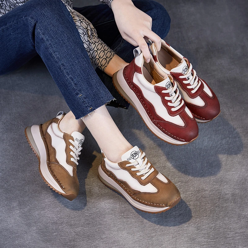 35-43码头层牛皮2025春季新款拼色大码百搭单鞋女厚底运动休闲鞋