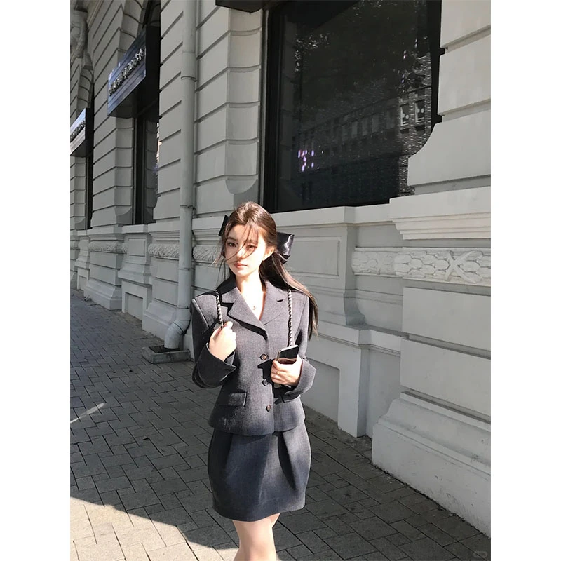 美式学院风气质时尚收腰时髦感长袖西装外套高腰百搭小众休闲短裙