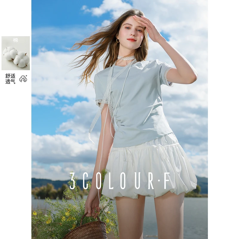 三彩独醒2025夏季新款修身棉弹T恤圆领短袖上衣显瘦百搭打底女F