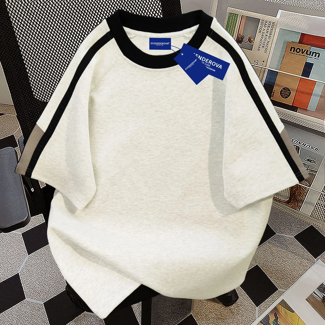 100%纯棉美式复古高级感简约印花圆领短袖t恤女夏季宽松情侣上衣