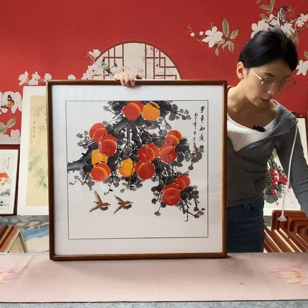 国画手写手绘带框包邮国画作品62✖️62