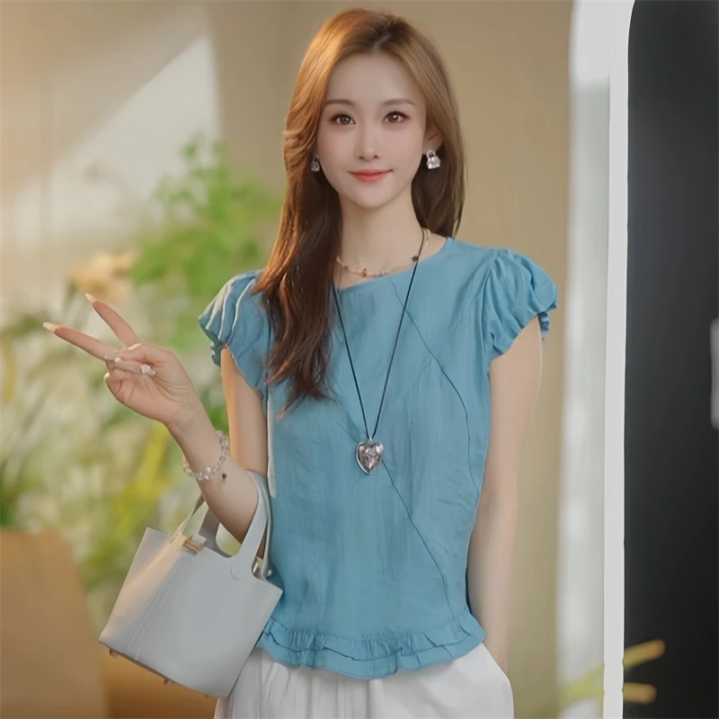 2025夏季新款洋气高级感木耳花边圆领短袖衬衫减龄显瘦百搭上衣潮