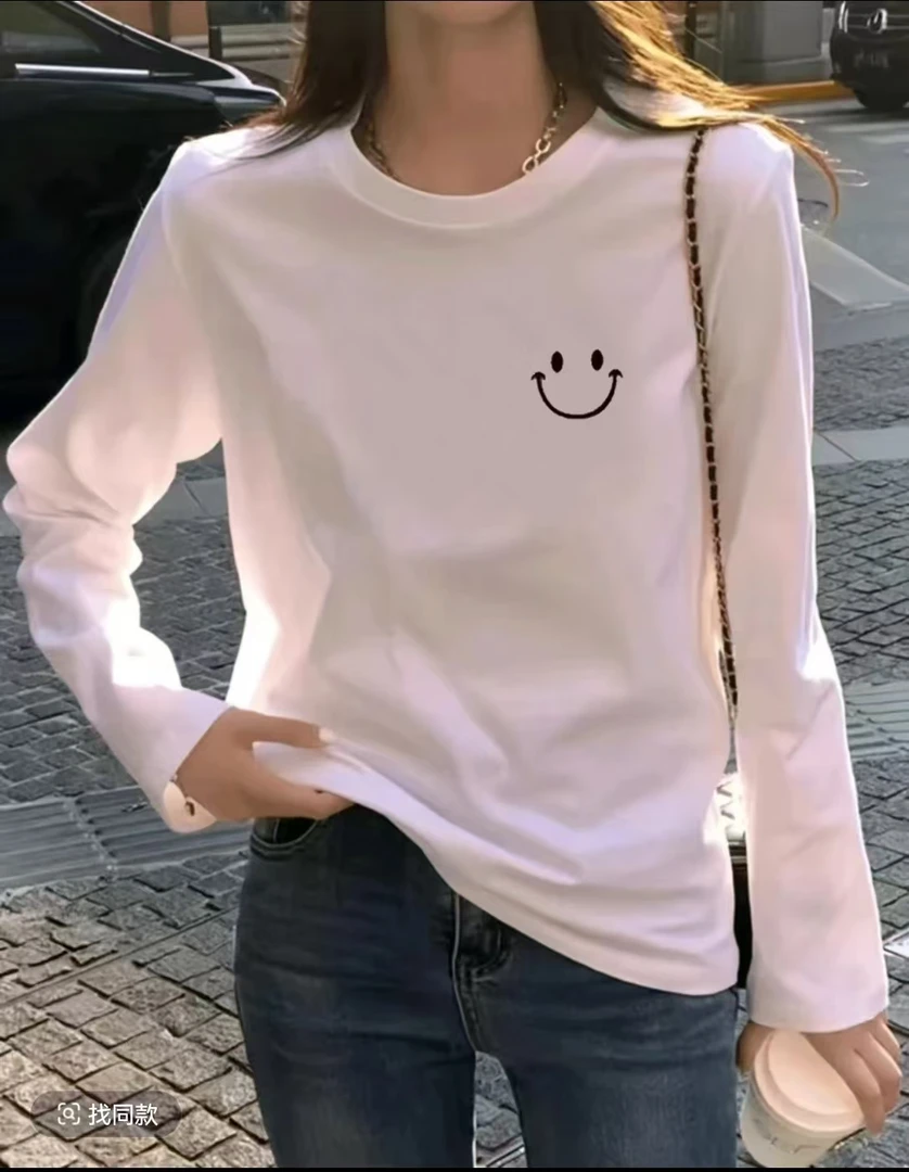 透气宽松2025夏季T恤纯棉印花休闲时尚百搭长袖-笑脸胸标