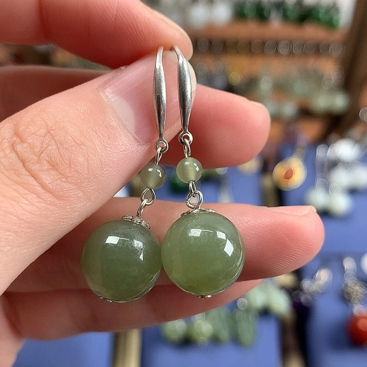 和田玉银S925镶嵌耳饰12左右晴水绿