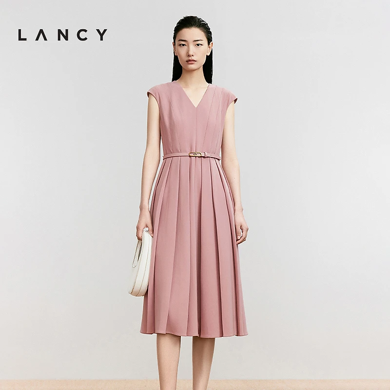 LANCY/朗姿新款醋酸V领无袖收腰通勤连衣裙优雅气质裙子女