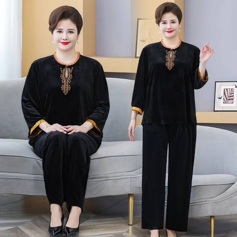 220斤特大码胖妈妈装春秋加肥加大长袖套装中老年休闲宽松两件套