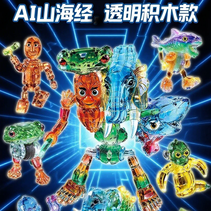 拼装简单外国AI山海经水晶积木玩具3-6周岁益智拼装积木玩具1-3岁