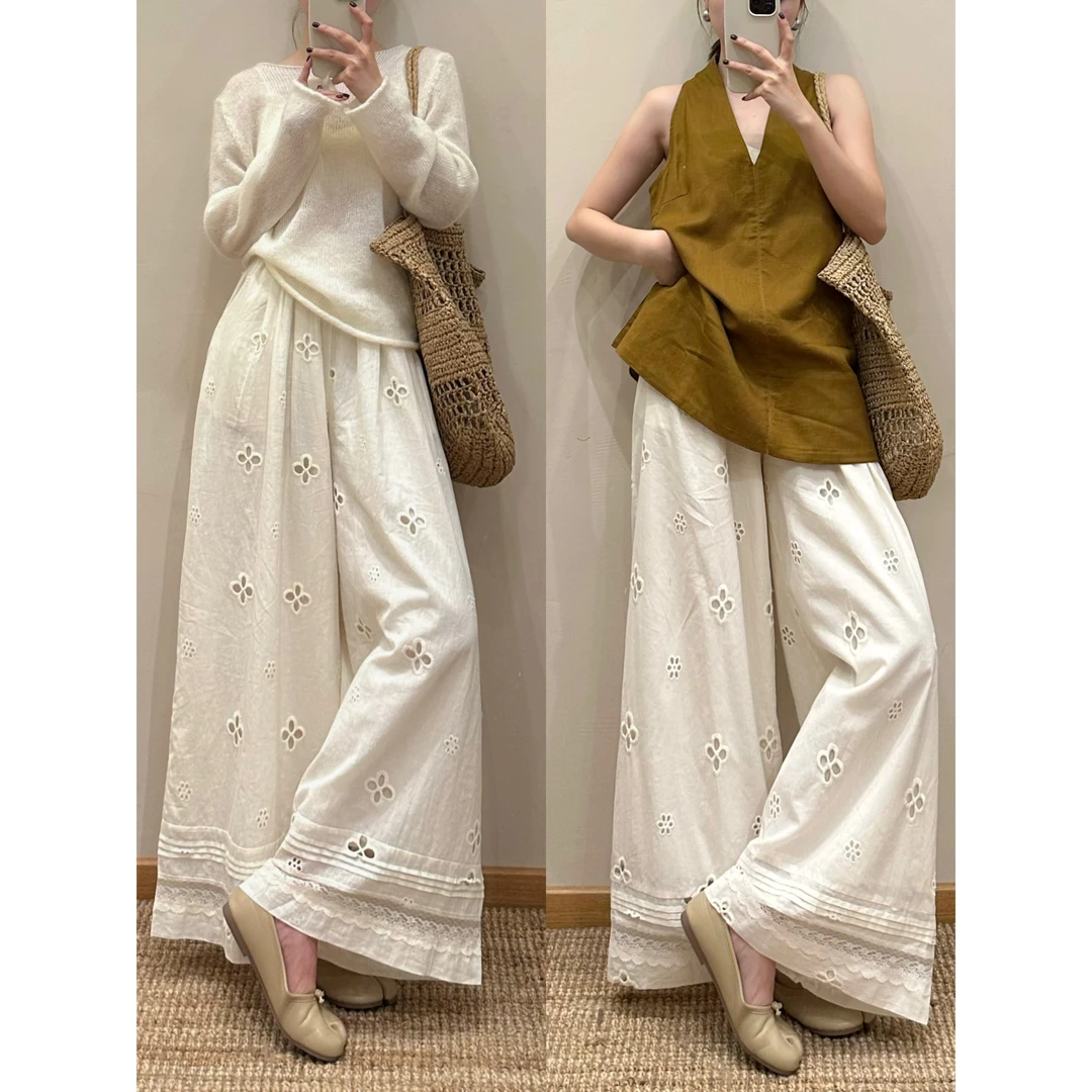 裤长112cm高个子180加长镂空蕾丝拼接阔腿裤女夏季高腰宽松休闲裤