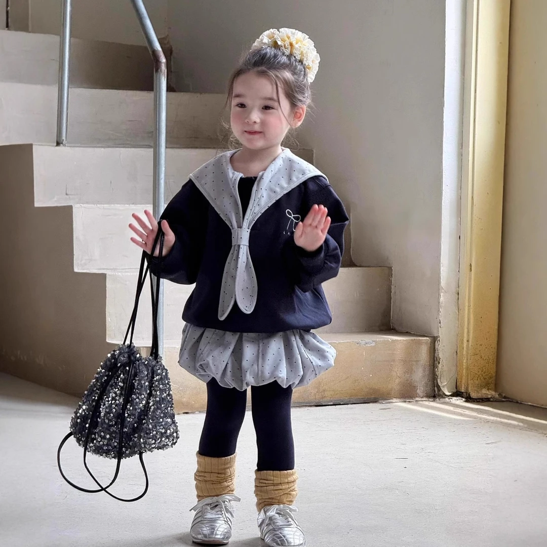 女童秋季洋气休闲韩版女宝拼接披肩学院风卫衣假两件花苞裙裤套装