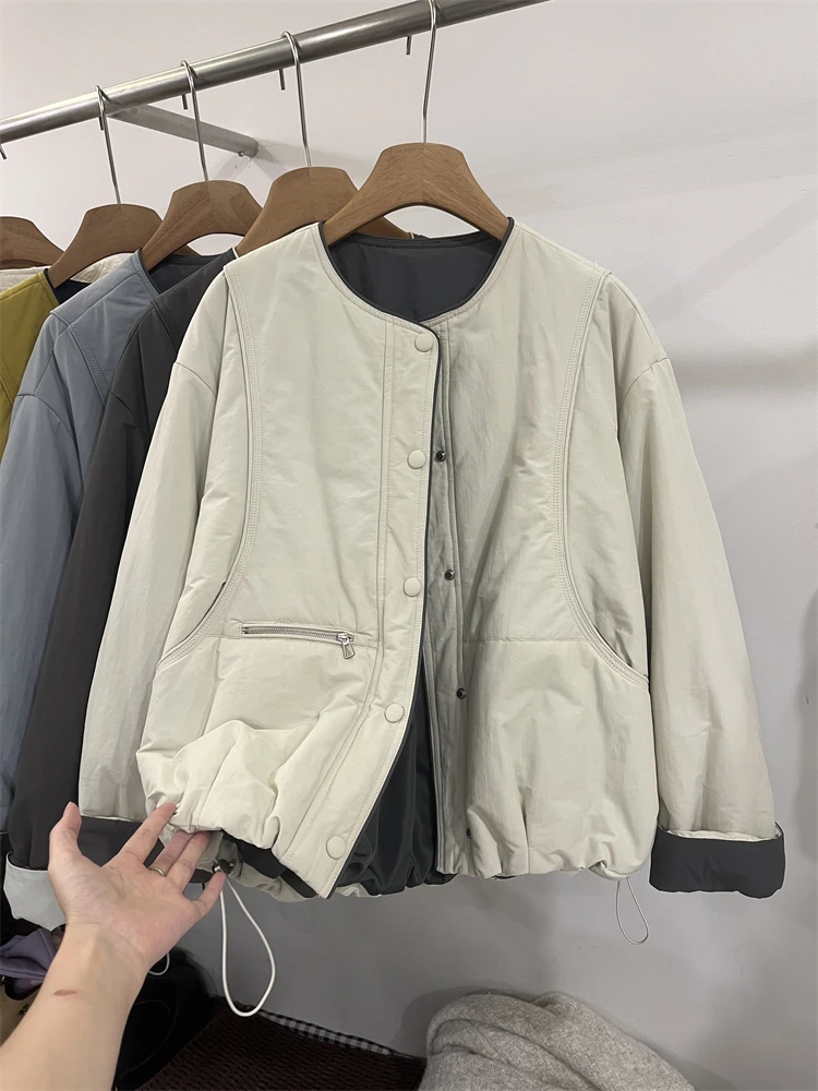2025冬季新款韩版宽松显瘦圆领棉衣外套女休闲减龄撞色棉服上衣潮