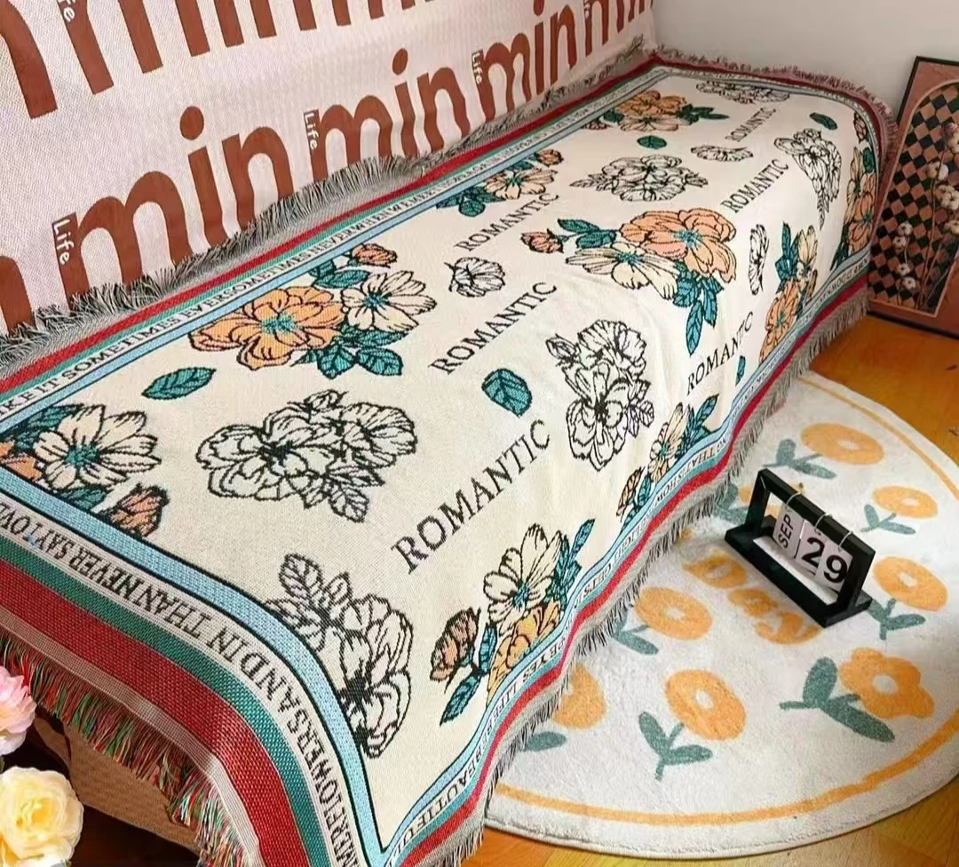 【山茶花】90cm*180cm±5cm盖巾毯沙发毯针织古风沙发巾椅子布一片