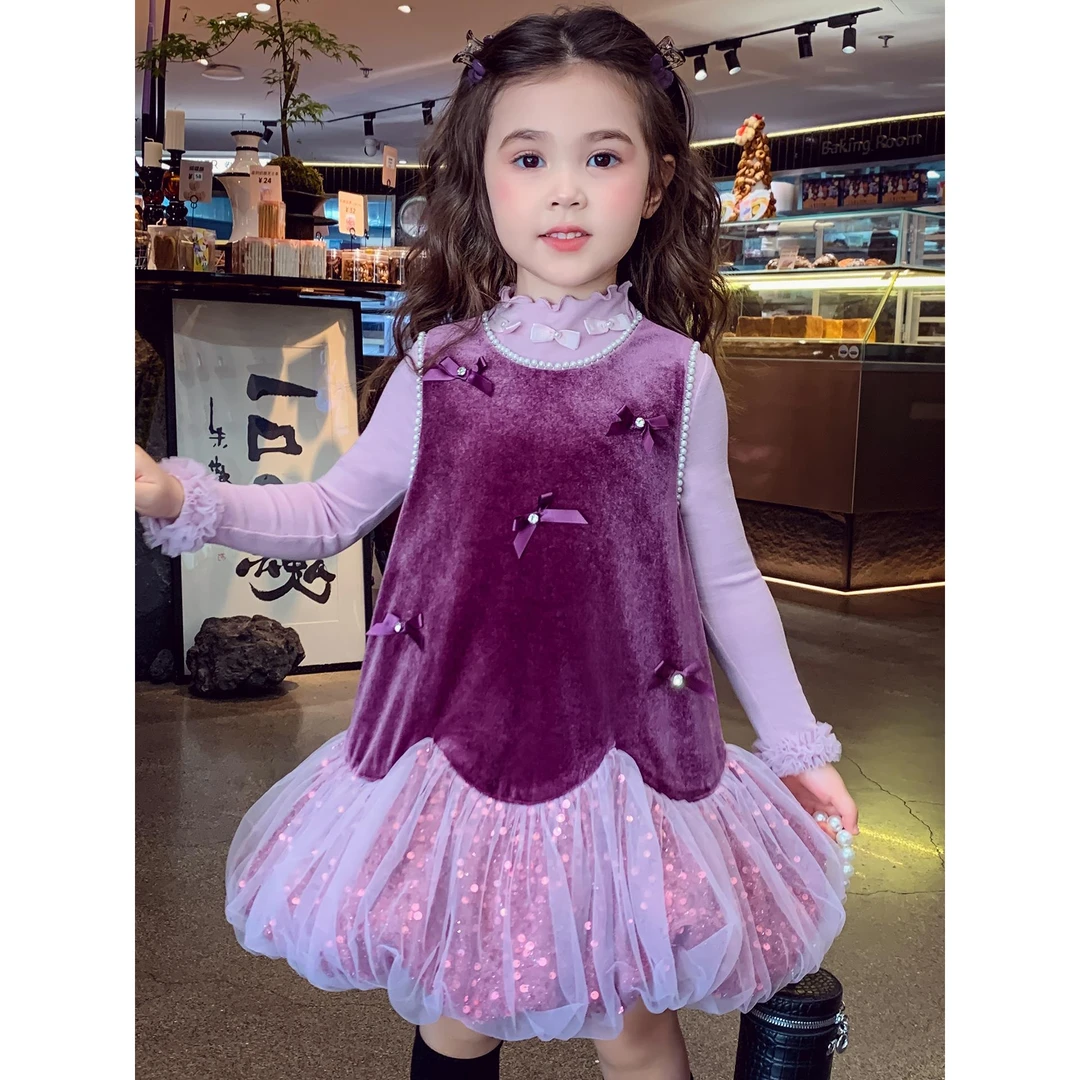 范哲萨女童连衣裙冬装2025新款法式儿童丝绒公主裙小