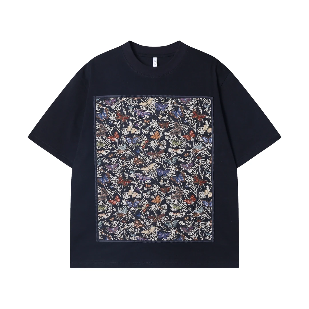 夏季高级感新款潮牌彩色蝴蝶绣花短袖T恤百搭圆领宽松街头上衣