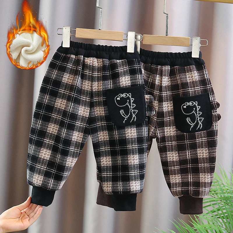 宝宝运动裤秋冬外穿小童女童运动裤格子冬款雪尼尔男童卫裤加绒裤