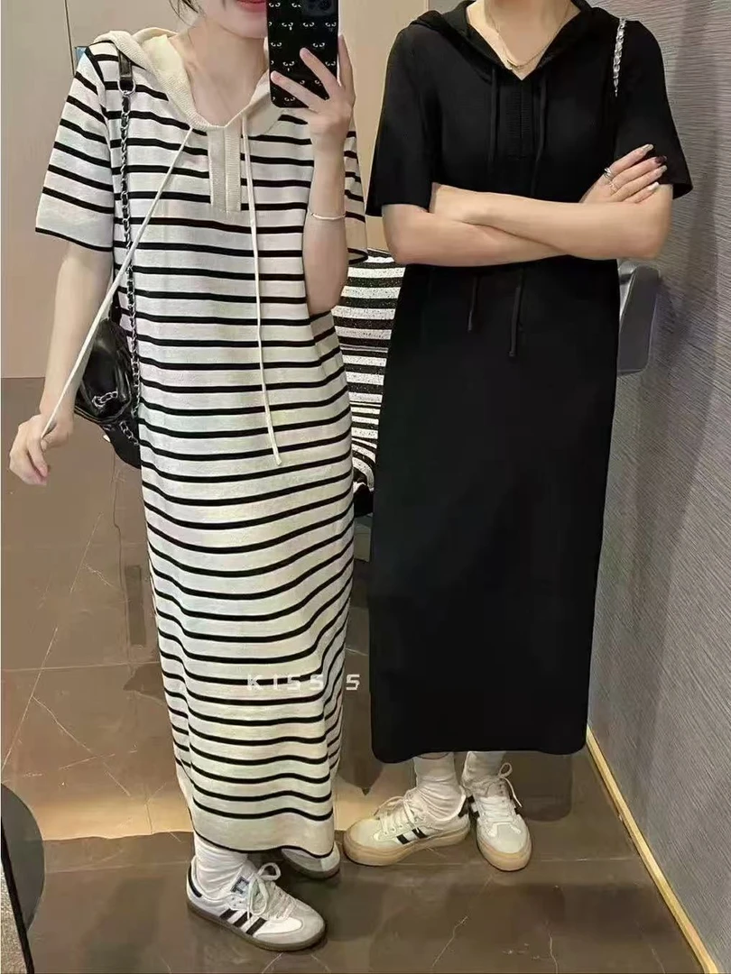 【2511】女#时尚百搭条纹连帽宽松连衣裙