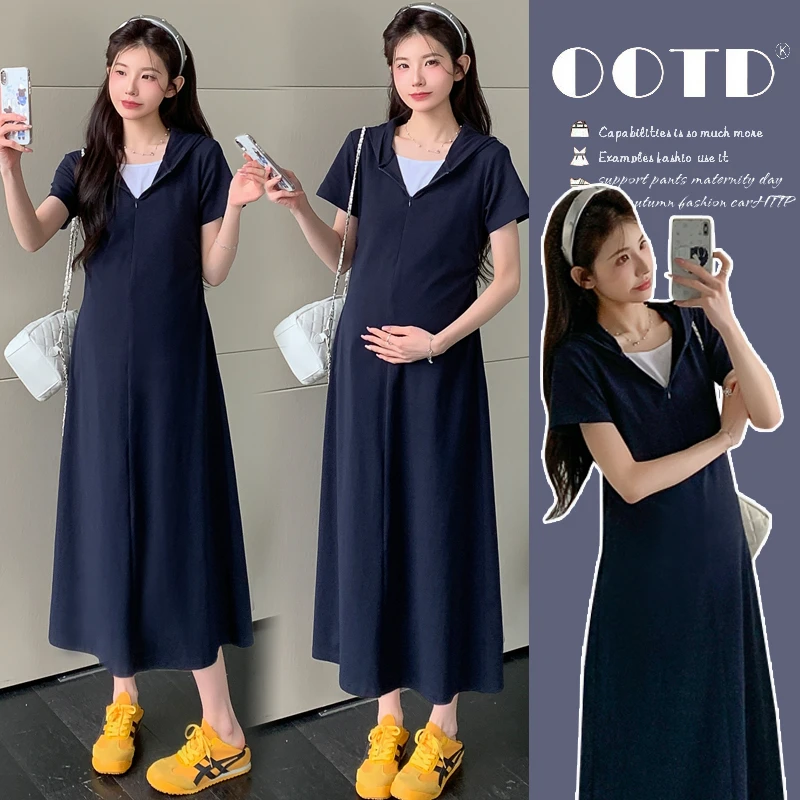 【酥酥】2025新款夏季假两件慵懒收褶连帽孕妇连衣裙独特漂亮孕妇裙