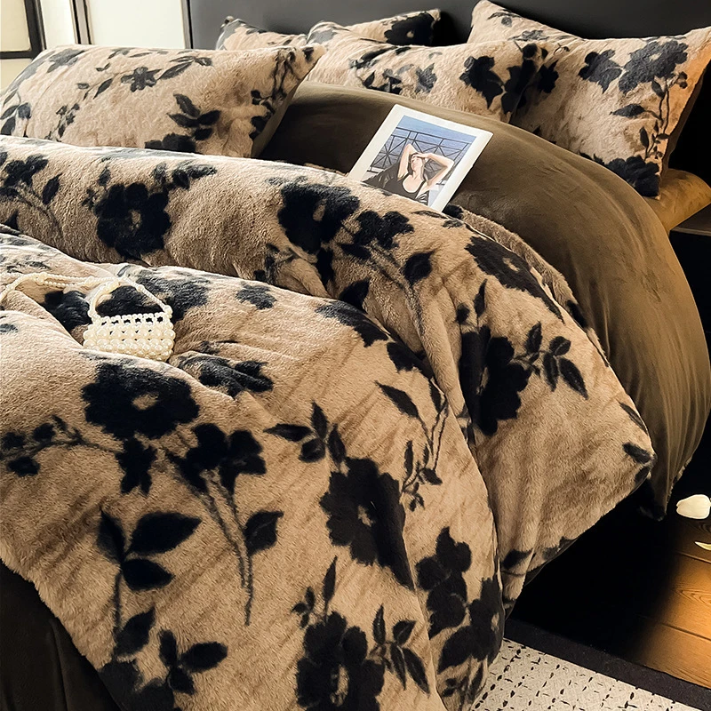 冬季加厚兔毛绒床上四件套珊瑚牛奶绒面被套床单笠高级感轻奢床品