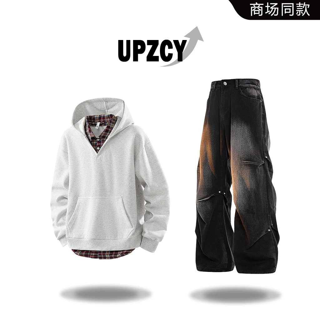 UPZCY美式休闲潮流假两件卫衣男套装秋冬百搭休闲痞帅牛仔裤男装