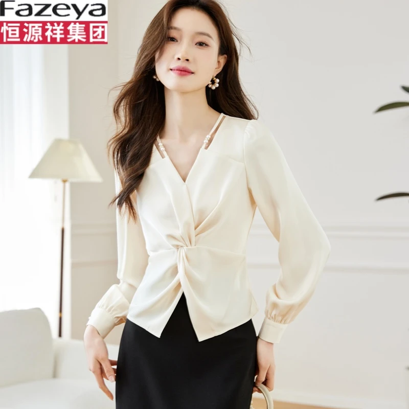 恒源祥集团彩羊女装褶皱V领短款衬衫2025夏季新款法式上衣设计感