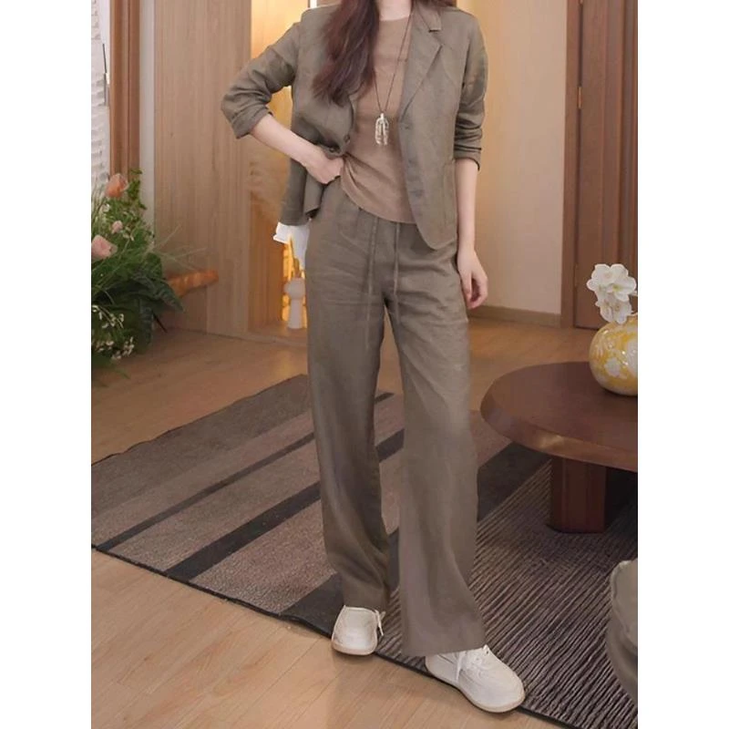 茶系穿搭一整套春秋新款女装通勤西装外套上衣休闲阔腿长裤两件套