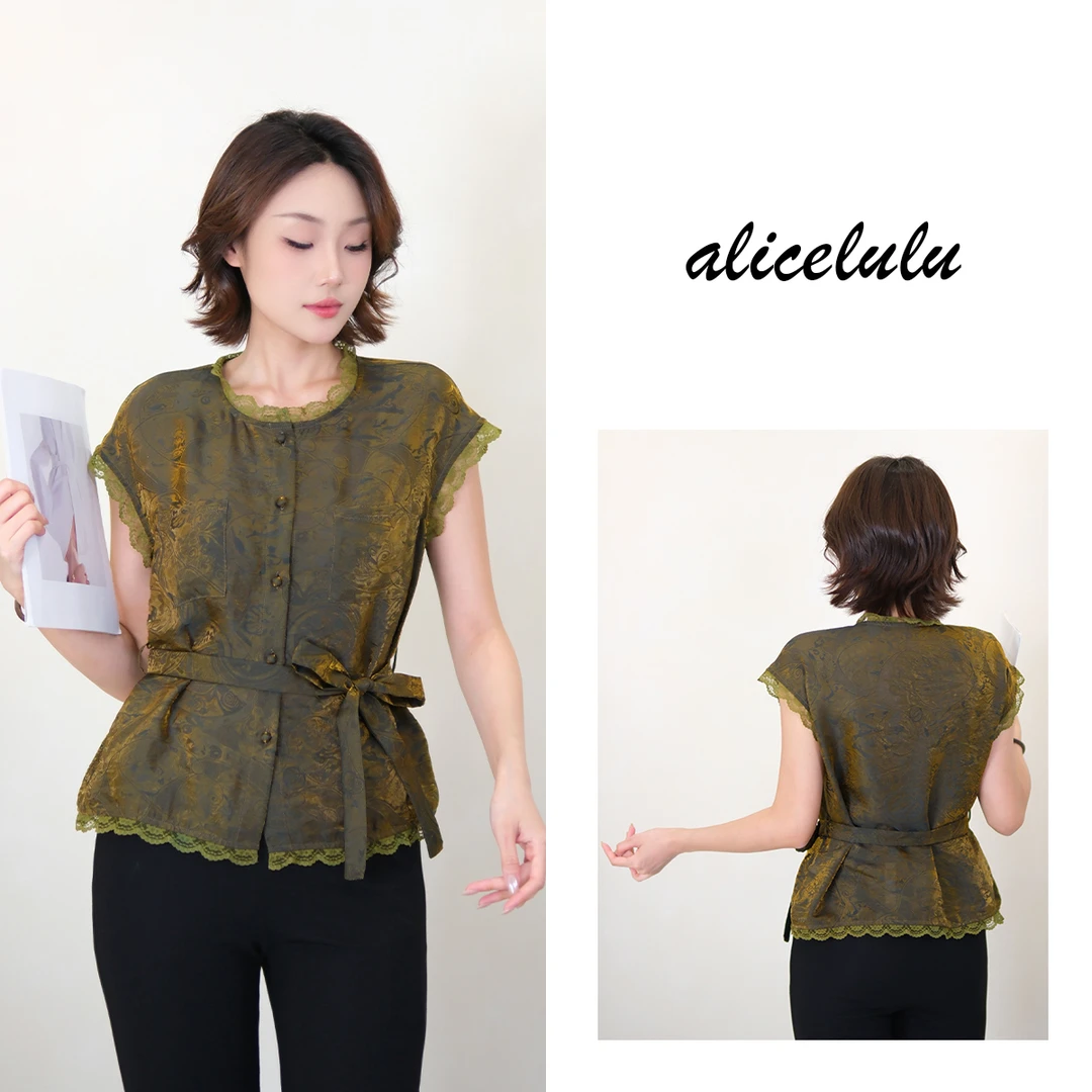 [alicelulu]复古印花通勤显瘦系带蕾丝拼接衬衫S2143451E
