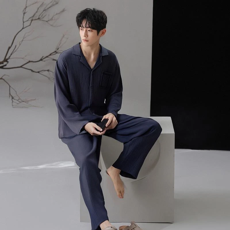 GPSUNLU双层棉纱纯棉睡衣男士长袖长裤春秋新款大码家居服可外穿