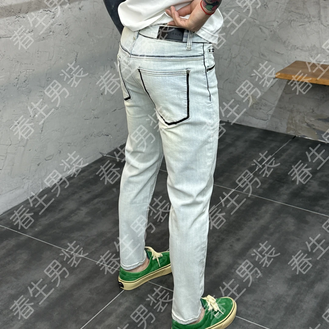 2025春季新款时尚休闲百搭净版浅色男士小脚牛仔裤1596