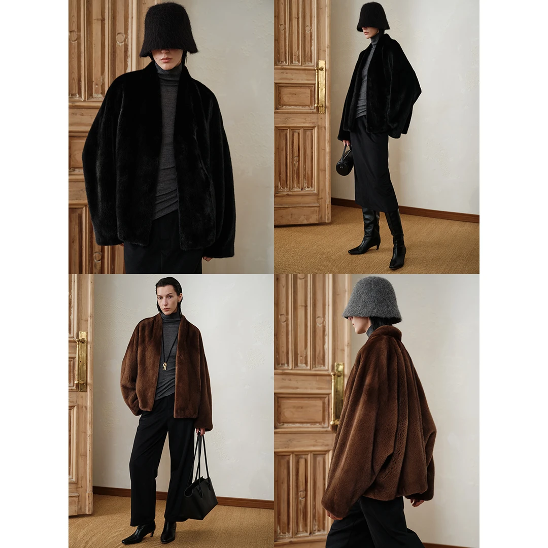 MSBEAST斗篷式V领蝙蝠袖水貂外套丨黑钻石