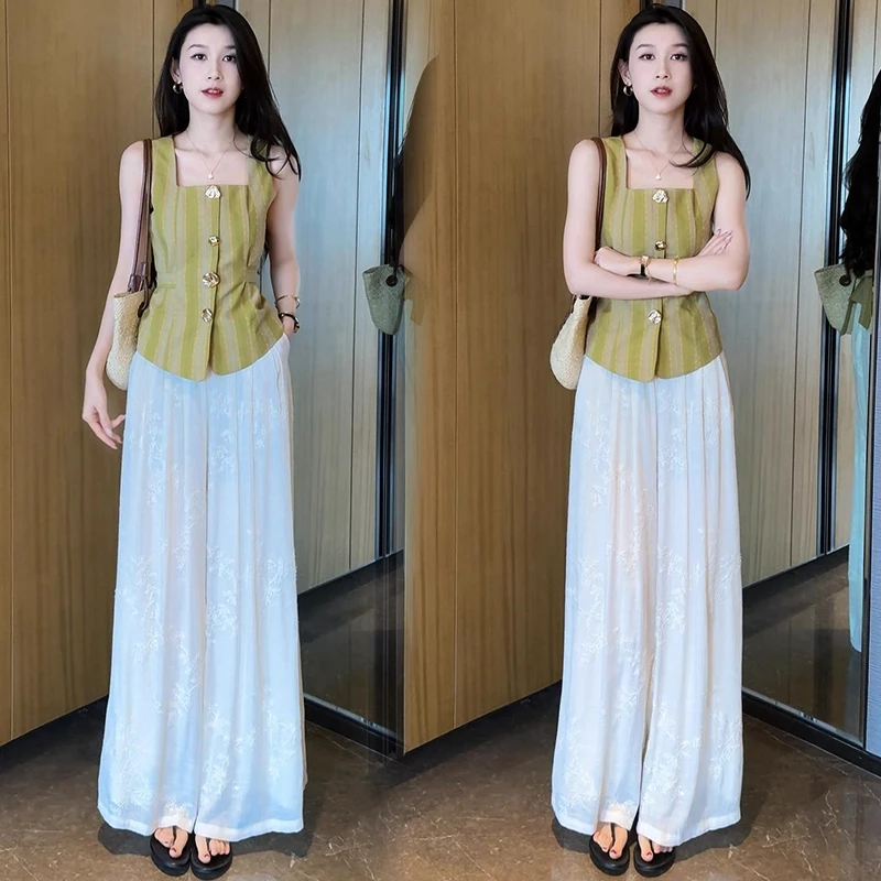 时尚套装女2025夏季新款洋气收腰显瘦金属扣无袖上衣阔腿裤两件套