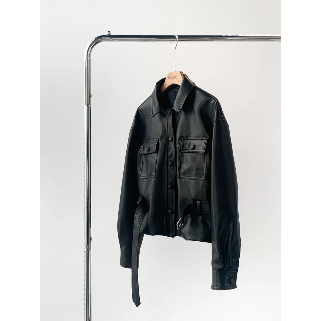 MU YUXI 新款气质高端短款腰带收腰短机车服皮衣女 YC364