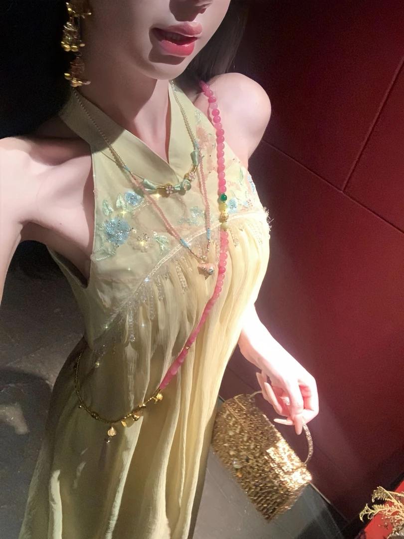 【雅乔定制】禅宫 新中式国风重工绣花宽松挂脖连衣裙DYJJ-25050945