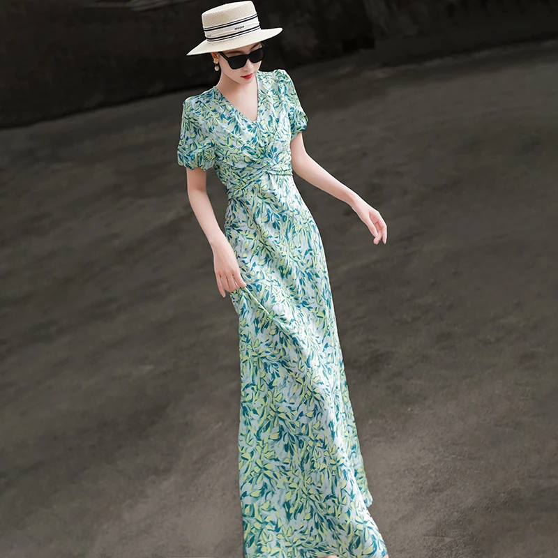 兰瑟儿夏季裙子新款气质优雅V领收腰绑带印花连衣裙女105XL2791