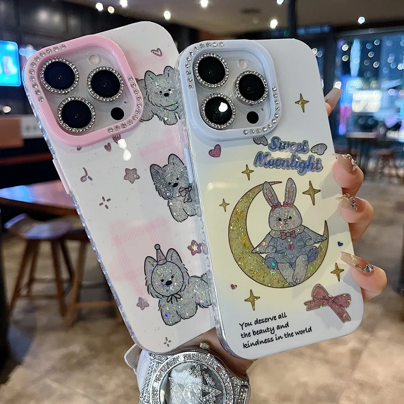 适用苹果系列iPhone16新款手机壳小众星星小狗钻石镜框闪钻镜头膜