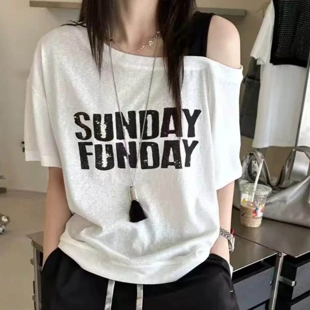 短袖斜领设计师字母印花耐磨白色圆领T恤女士显瘦