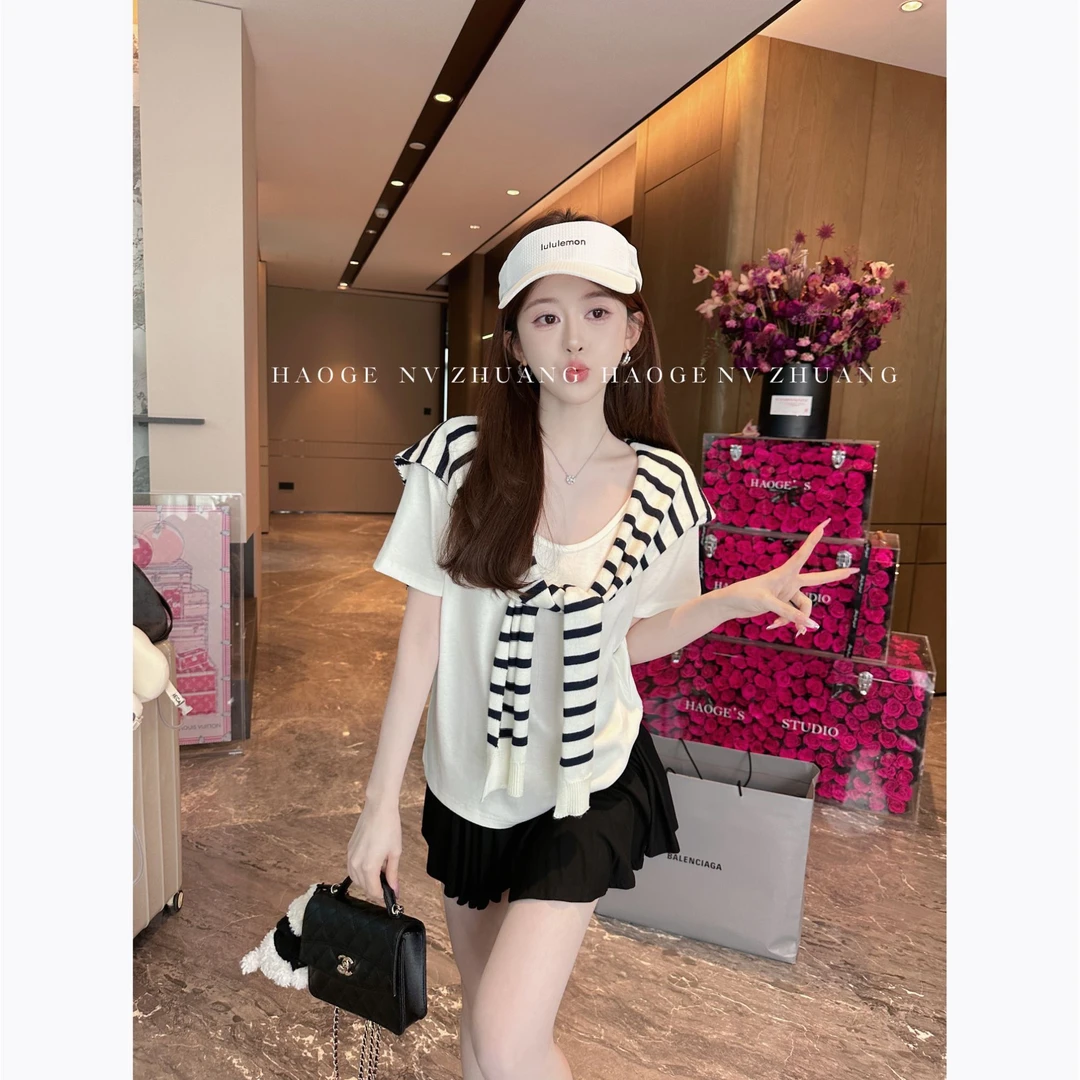 诸诸优选●JJX4PJ5384条纹披肩夏季法式简约网红气质女莫奈花园风